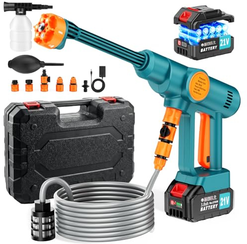 Hidrolimpiadora Bateria 3000mAh x2, Hidrolimpiadora de Alta Presion, Portátil Pistola de Agua a Presión, Boquilla 6 en 1 y Cañón de Espuma, Conexión Directa a Grifo, para Limpiar Coche, Jardín