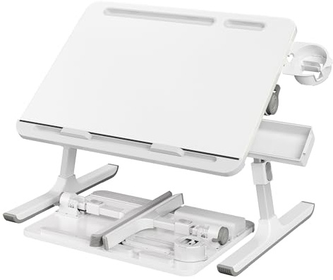 SONGMICS Table de Lit, Bureau Pliable, Plateau 56 x 40 cm, Hauteur Réglable | Support pour Ordinateur Portable, Inclinaison Continue à 120°, Porte-Gobelet, Blanc, Collection ISLAND LLD113WB01