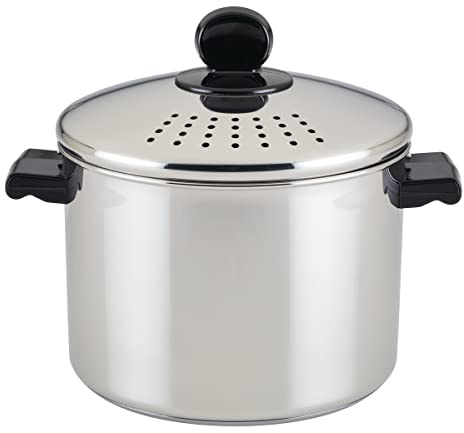 Farberware 70755 Classic Series Stainless Steel 8-Quart Covered Straining Stockpot with Lid, Stainless Steel Pot with Lid, Silver