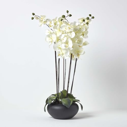 HOMESCAPES Large Oriental Style Cream Orchid with Silk Flowers in Black Round Planter Pot 79 cm tall - Artificial Flowers and Plants for Indoor Decoration