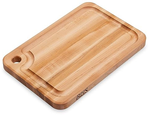 John Boos Prestige Series Rectangular Wooden Maple Cutting Board 18”x12” – 1.25” Thick, 8-lb Reversible Butcher Block with Juice Groove, Edge-Grain & Finger Grip Hole – Made in the USA