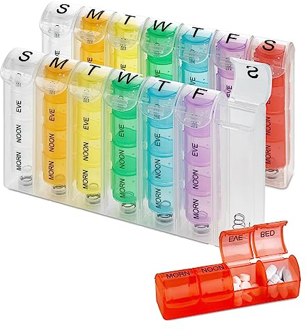 Weekly Pill Organizer - (Pack of 2) Pill Planners for Pills & Vitamins Each Day Week, Four Times-a-Day Medication Reminder, Easy to Read AM/PM Compartments Monday to Sunday for Travel & Purse