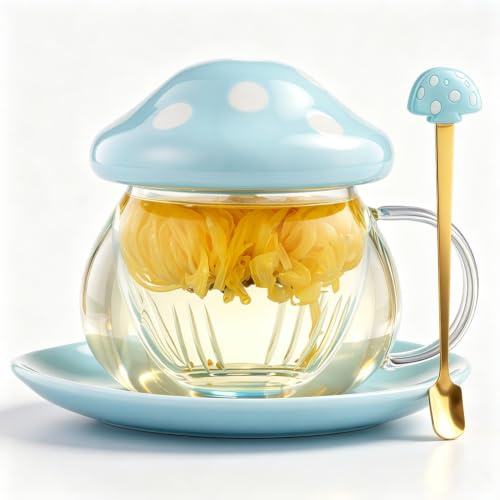 Söt tekopp i glas med infusionsenhet och sked, klar Kawaii tekanna med silfilter, keramiskt lock och underlägg, värmebeständig för hem- och kontorsbruk, 290 ml/9,8 oz (blå)