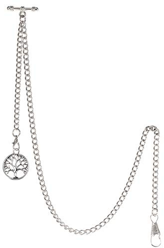TREEWETO Men's Albert Chain Pocket Watch Curb Link Key Chain 2 Hooks with Antique Silver Life Tree Pendant Design Charm Fob T Bar
