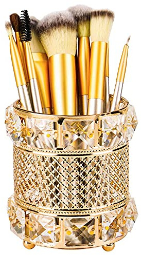 Tiardey Organizadores de Soporte de Cepillo de Maquillaje de Cristal reticulado para tocador, cepillos de cosméticos Hechos a Mano, Almacenamiento de Tazas (Dorado)