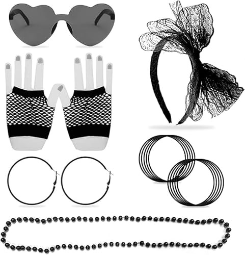 Set di accessori per il trucco, 15 pezzi anni '80, accessori per capelli in pizzo, collane al neon, orecchini vintage, guanti a rete colorati, braccialetto in silicone colorato, occhiali a cuore,
