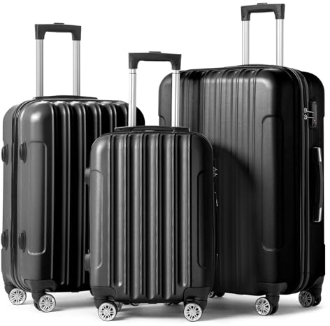 LEADZM Kofferset 3 Teilig, Hartschale Reisekoffer mit 4 Rollen, Handgepäck, ABS-Trolley-Koffer, Schwarz