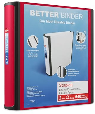 Staples Better Binder, 2 D‑Ring Heavy‑Duty 3‑Ring Binder, Red, Reinforced Spine, Holds 540 Sheets, Durable for Office, School & Presentations, 2‑Pack