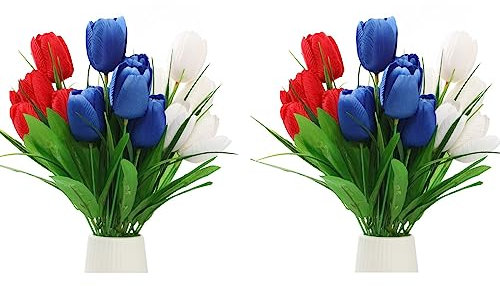 Mokylor 6 ramos de flores artificiales de tulipanes para decoración del día de la independencia, simulación de 12.2 pulgadas, 36 cabezas, rojo, blanco, azul, tela de seda, tulipanes para el hogar,