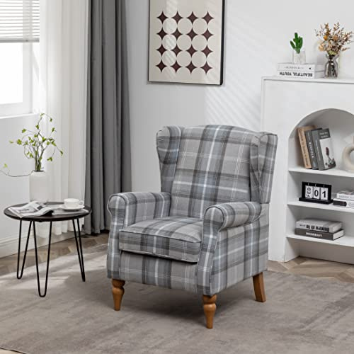 AZRBOPO Wingback Tartan Armchair, Retro Accent Chair Soft Padded Fabric Lounge Padded Sofa Chair, Retro Check Leisure Chair for Living Room Bedroom - Solid Wood Frame - Gray