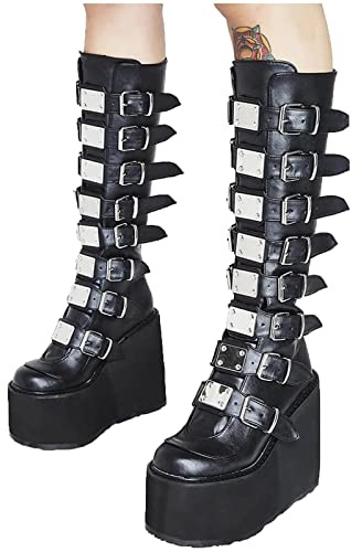 ESSUE Femmes hivernales noires gothiques Punk Plateforme bottines Femmes Goth Buckle Zipper Creeper coin Mid-Calf Chaussures Mode Boots