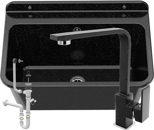 GRANITAN Lavandino da Esterno Moderno per Garage e Lavanderia - Lavatoio per Installazione Interna ed Esterna - Pilozzo da Esterno Giardino - 61x41x30 cm - Nero (Miscelatore per Lavabo)