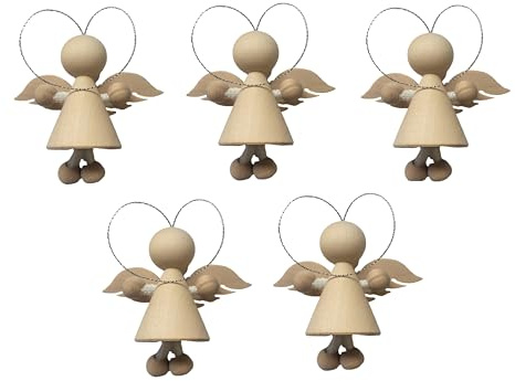 Wooden World - Set di 5 ornamenti per l'albero di Natale, piccoli ciondoli natalizi con angelo