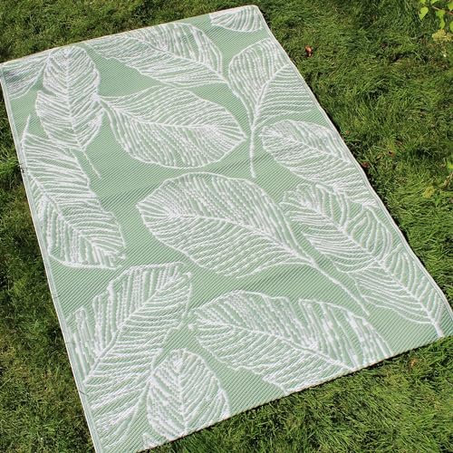Fusion Green Outdoor (120 x 170cm) -Sage Botanical Leaf Print Picnic Beach Blanket-Tropical Palm Tree Balcony/Patio Rug/Mat-Matteo Collection, 100% Polypropylene