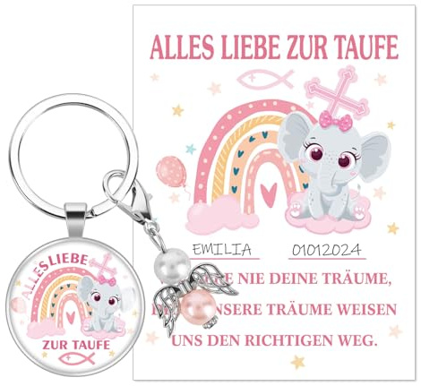 HOWAF Tarjeta de Bautizo para Ninas, Tarjeta de Bautizo Rosa Llavero angel de Bautizo Llavero para Fiesta de Bautizo, Primera Comunion, Confirmacion