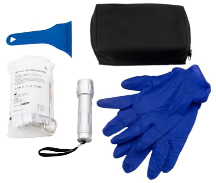 Notfall-Set für Auto, Motorrad, Reise. Kompakt: schwarze Tasche, Erste Hilfe, Schaber, Handschuhe, LED-Taschenlampe – bereit für jeden Notfall, praktisch und sicher, immer dabei.