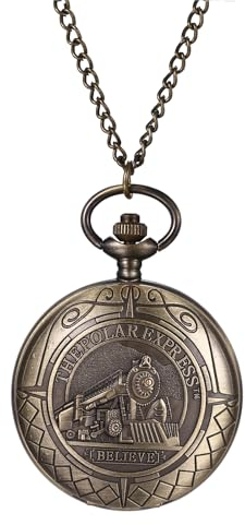JewelryWe Taschenuhr Herren Zug Bronze: Vintage Analog Quarz Kettenuhr Polarexpress Dampfzug Antike Uhr mit Halskette Kette Geschenk für Männer Ehemann Vater