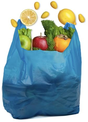 Clearly Carrier Bags, Pack of 100 Blue Plastic Bags, 28x43x53cm, Reusable Carrier Bag with Handles, Vest Style Shopping Bags for Food, Clothes, Shopping, Books and More
