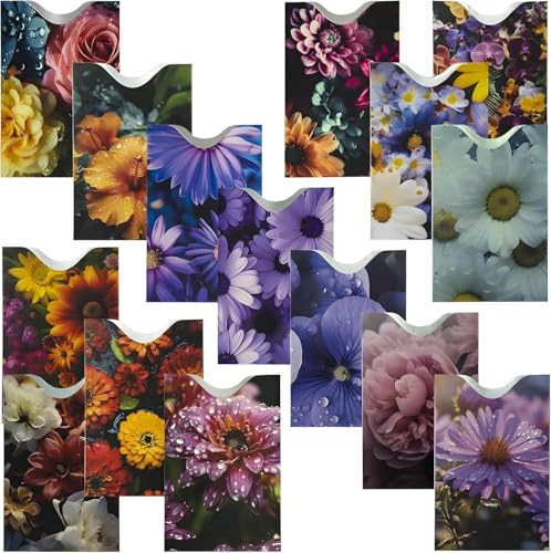 RFID Blocking Sleeves 15 Pack Flowers Theme - Credit Card Protector Sleeves with Unique Floral Photography Designs, 4-Layer Aluminium Foil Construction, Ultra-Thin Identity Theft Protection
