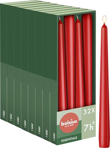 Bolsius - Velas lisas de punta – Rojo – 32 unidades en caja – Vela decorativa – Tiempo de combustión 7 horas – Sin perfume – Contiene protección vegetal natural – Sin aceite de palma
