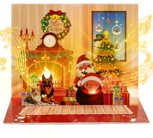 joyoldelf Carte de Noël 3D Musicale - Carte de Joyeux Noel avec Enveloppe Pop Up, Carte de Voeux avec Placard et Chien, Cadeau Original et Amusant pour Homme, Femme, Famille, Amis et Collègues