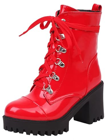 HSyc JRX Botines de mujer con plataforma lacada con cordones Tacón bloque Botines con cordones Botas de invierno, rojo, 40 EU