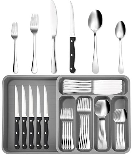 Xespis Besteck Set 12 Personen, 36 teilig Edelstahl Bestecksets, mit Steakmesser und Besteckkasten, Elegantes Essbesteck, Spülmaschinenfest, mit Messer Gabel Löffel, für Haus, Party, Restaurant