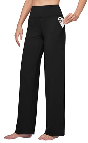 WILLIT Pantaloni da yoga da donna, a gamba larga, elasticizzati, da jogging, a vita alta, per il tempo libero, per il lavoro, casual, con tasche, Nero , L