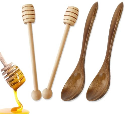 JEYORZY 4 Pièces Agitateurs à Miel, Cuillères à Miel, Cuillères à Miel en Bois, Agitateurs à Miel, Bâtonnets de Miel en Spirale, Agitateurs à Miel, pour Mariage, Anniversaire, Fêtes
