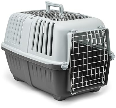 lionto Hundetransportbox aus Kunststoff mit Metallgitter, 58,5x35,5x40 cm, Transportbox mit praktischem Schließsystem & Tragegriff, auch geeignet für Katzen & Kleintiere, für Haustiere bis 15kg, grau