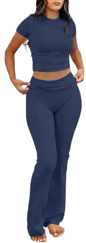 IWOLLENCE Loungewear Sets for Women UK Two Piece Outfit Short Sleeve Crop Top and High Elastic Waist Wide Leg Trousers Co Ord Set (Dark Blue, M)