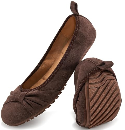 Ecetana Womens Flats Shoes Dressy: Round Toe Bowknot Suede Foldable Ballet Flats Comfortable Casual Slip On Loafers
