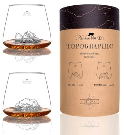 Bicchieri da Whisky 350 ml (confezione da 2) – Borosilicato di alta qualità, soffiati artigianalmente con le montagne in rilievo, forma a tulipano, distillati topografici (Tofane & Marmolada)