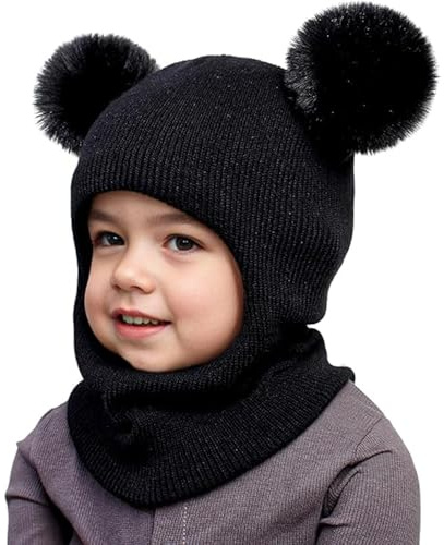 Roysmart Bonnet d'hiver pour enfant - Bonnet à enfiler - Bonnet d'hiver chaud en tricot avec pompon - Bonnet à enfiler - Cagoule thermique - Mignon - Pour bébé et enfant - Noir