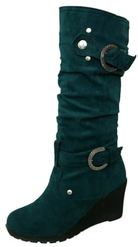 Bottes mi-mollets pour femme - Bottes montantes pour femme - Avec fermeture éclair - Bout rond - Couleur unie - Semelle épaisse - Chaussures compensées classiques - Bottes en caoutchouc pour femme