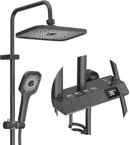 LADOKEE Duschsystem mit Armatur, 4 in 1 Duschset mit Regendusche 30x20cm, 3-Wassermodi-Handbrause, Intelligentes Bedienfeld, Höhenverstellbar, Duscharmatur Komplettset für Badezimmer, Grau