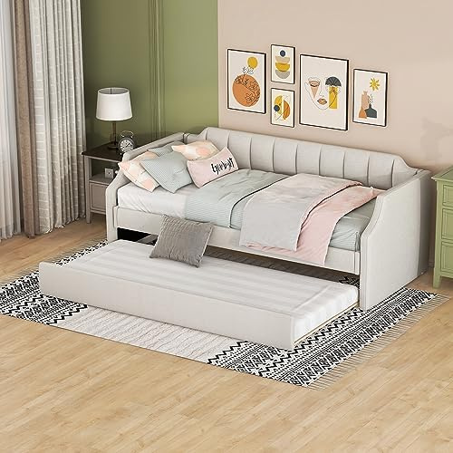 Generisk platsbesparande dagsäng med rullsäng 90 x 200 (190) cm, vadderad i beige – 2-i-1-bäddsoffa för vardagsrum, gästrum eller barnrum, enkel montering