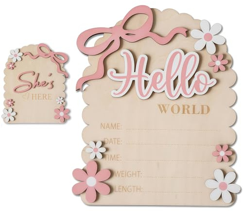 Vesavifaka Meilensteinkarten Baby Holz, Baby Anuncio Placa, Hola Mundo Placa para recién Nacidos para casa Hospital Cuarto de niños Bienvenida Tarjeta, Ideas para anuncios de bebés, Doble Cara