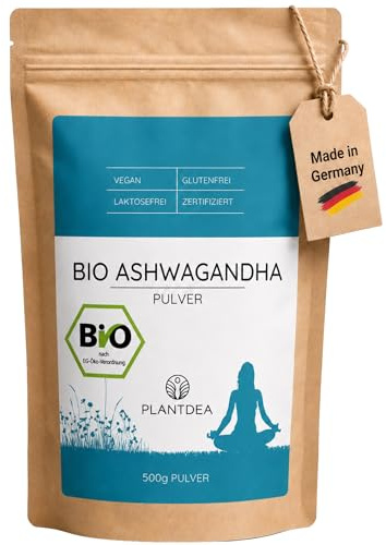 PlantDEA Poudre d’Ashwagandha Bio 500 g – poudre de racine de Withania somnifera finement moulue, vegan et sans gluten – idéale pour lait doré, shakes et thés – qualité crue – sans additifs.