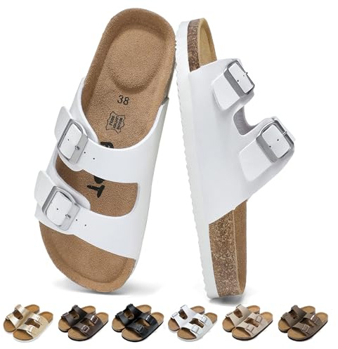 chetoria Sandali Donna Doppia Fascia Comode Pantofole Estive con Plantare Sughero, Sandali Ortopedici con Supporto Arco Plantare e Vera Pelle Plantare Antiscivolo Ciabatte per Casa Mare Bianchi 39EU