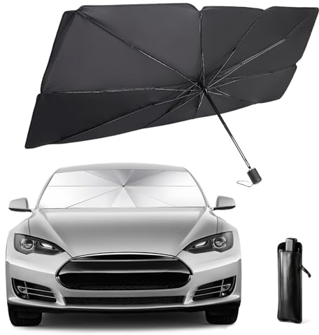 Parasol Coche Delantero,Protector Solar,Parasoles Coche Delanteros SUV y Camión,Parasol Paraguas Coches,Resiste a los Rayos UV, Parasols Plegable con Eje,Fácil de Instalar y Almacenar (140 x 80 cm)