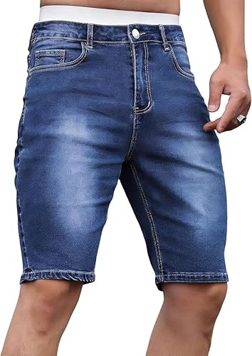 Enfärgade jeansshorts for män for män i modestil Knälånga lastunderdelar for vardagskläder(Blue,M)