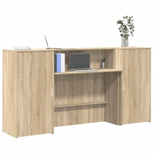 Bendmaxx mottagningsbänk Sonoma-ek av trämaterial 200 x 50 x 103,5 cm med 2 förvaringsfack, skåp och väggfäste för kontor, hotell, klinik, salong och receptionsområde
