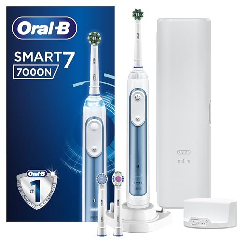 Oral-B Smart 7 Electric Toothbrush For Adults, App Connected Handle, 3 Toothbrush Heads & Travel Case, 5 Mode Display, Teeth Whitening, 2 Pin UK Plug, 7000N, Blue