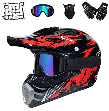 VOMI Motocross Helm Set mit Brille Handschuhe Maske Motorrad Netz, Schwarz und Rot, Unisex Adult Off Road Helm Kit Crosshelme Motorradhelm Schutzhelm ATV Helm für Männer Damen Sicherheit Schutz,M