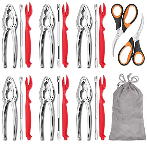 Hiware 20-piece Seafood Tools Set includes 6 Crab Crackers, 6 Lobster Shellers, 6 Crab Leg Forks/Picks and 2 Seafood Scissors & Storage Bag - Nut Cracker Set