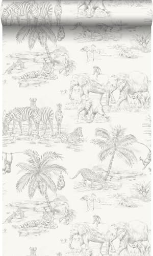 Origin Wallcoverings tapet djungeldjur glänsande vitt och silvergrå 53 cm x 10.05 m