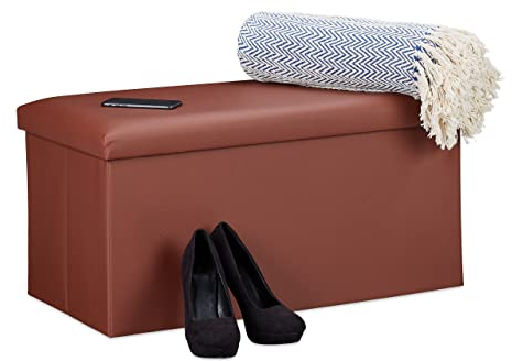 Relaxdays Sitzbank mit Stauraum, Kunstleder, faltbar, gepolstert, Flur, Schlafzimmer, HBT 37,5 x 76,5 x 38,5 cm, braun