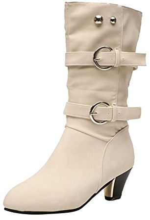 Yowablo Boot Winter Reitstiefel Lederstiefel Stiefel Schuhe Damen Vintage Schnalle Round Toe Plus Velvet Mid Heel Cowboy (42,beige)