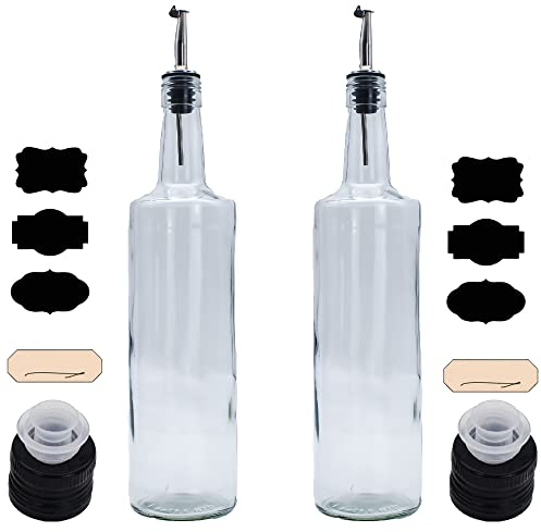 Ölflasche Essigflasche Rapsölflasche 2x 1 Liter mit Edelstahl-Ausgießer - schwarzem Deckel - 3x Tafelfolie in schwarz- 1x Kraftpapier